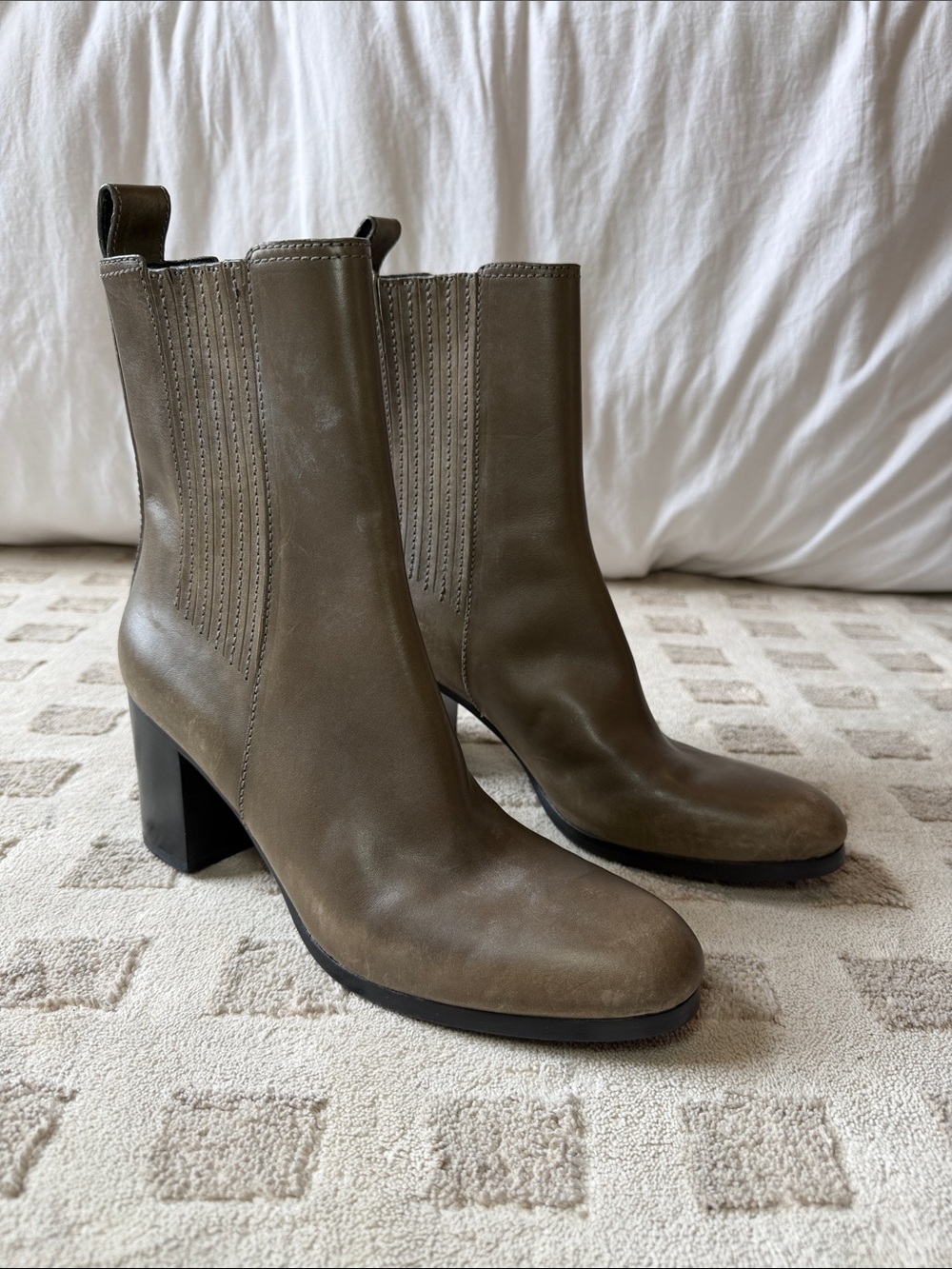 Alexander Wang Olive Gray Leather Heeled Ankle Boots
